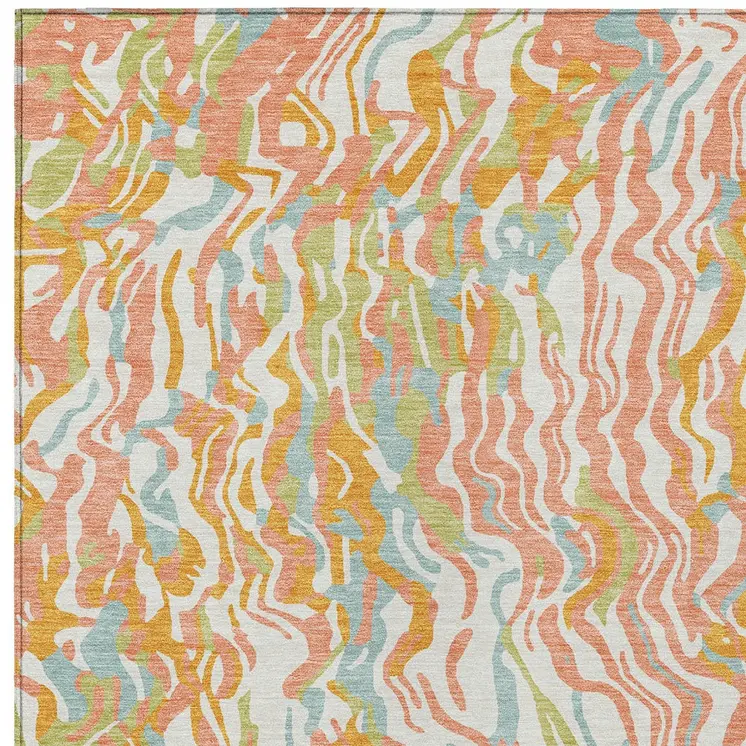 3' X 5' Coral Green And Copper Abstract Washable Indoor Outdoor Area Rug