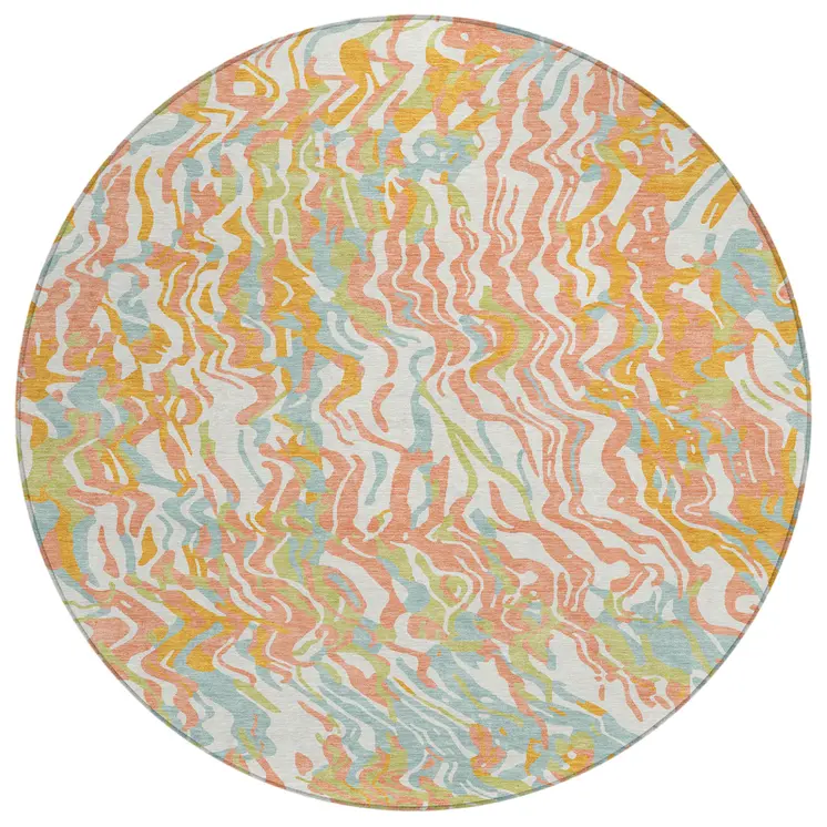 8' Coral Green And Copper Round Abstract Washable Indoor Outdoor Area Rug