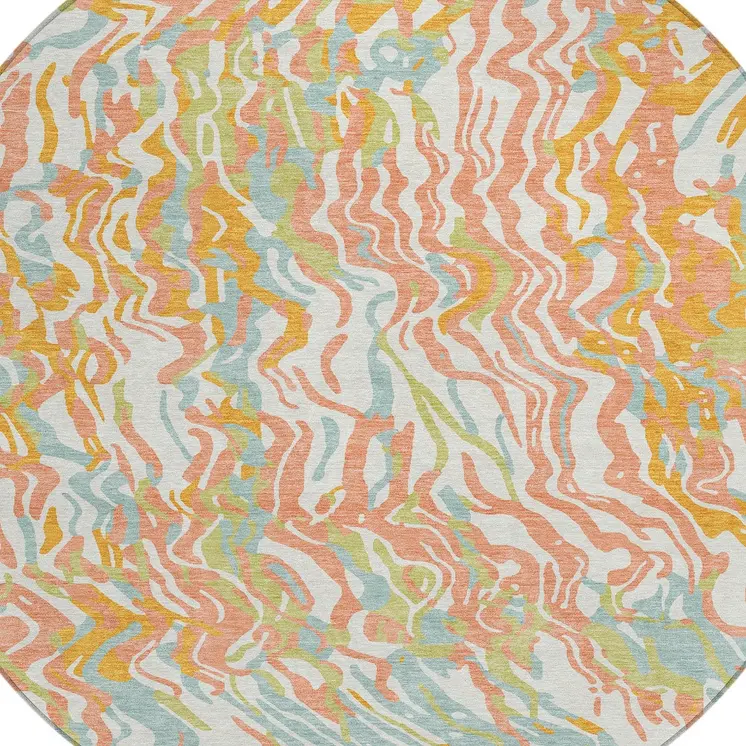 8' Coral Green And Copper Round Abstract Washable Indoor Outdoor Area Rug