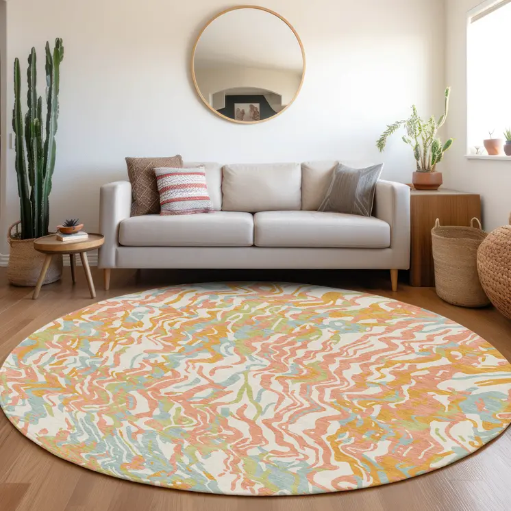 8' Coral Green And Copper Round Abstract Washable Indoor Outdoor Area Rug