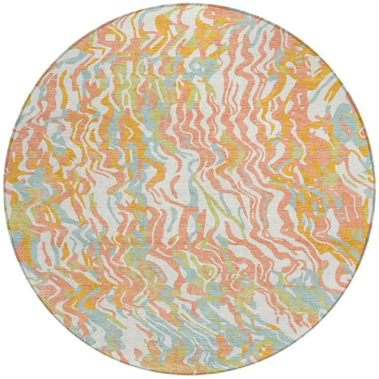 8' Coral Green And Copper Round Abstract Washable Indoor Outdoor Area Rug