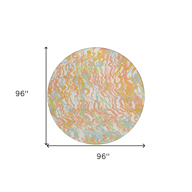 8' Coral Green And Copper Round Abstract Washable Indoor Outdoor Area Rug