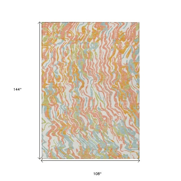 9' X 12' Coral Green And Copper Abstract Washable Indoor Outdoor Area Rug