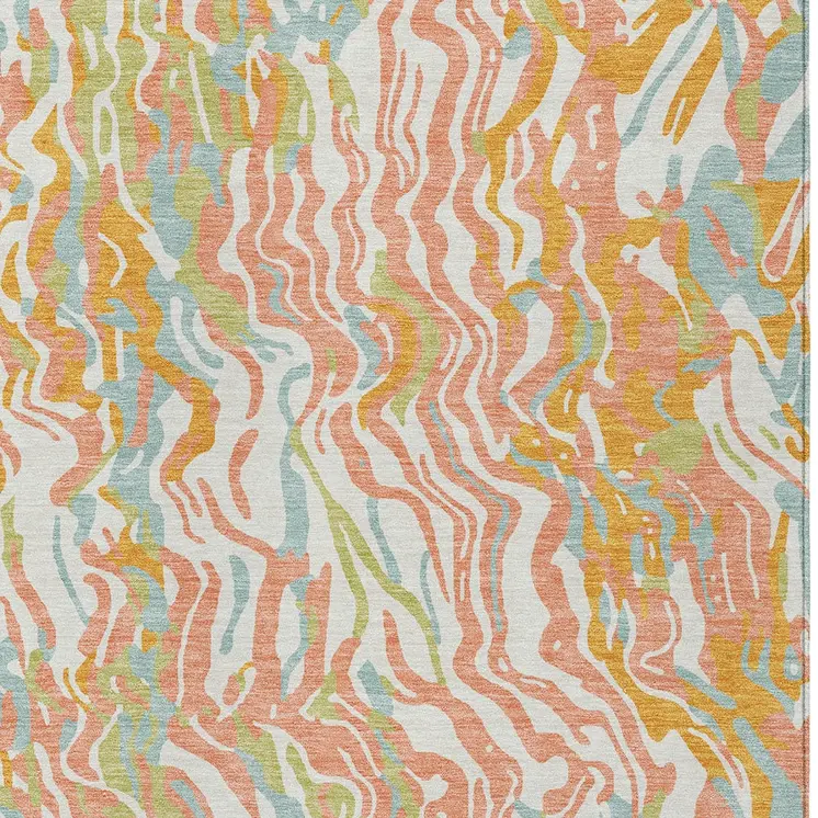 9' X 12' Coral Green And Copper Abstract Washable Indoor Outdoor Area Rug
