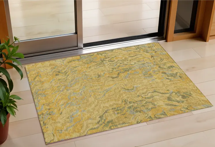 3' X 5' Gold Gray And Beige Abstract Washable Indoor Outdoor Area Rug