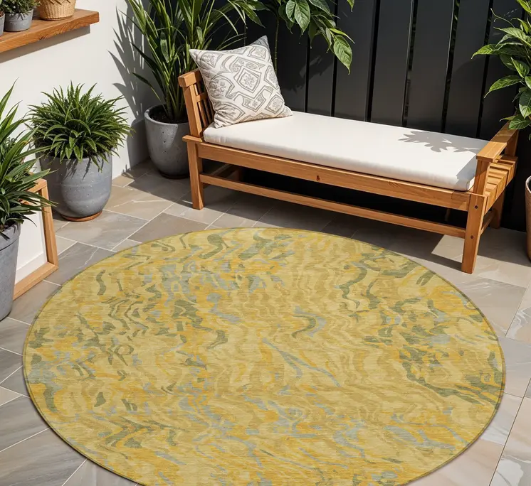 8' Gold Gray And Beige Round Abstract Washable Indoor Outdoor Area Rug