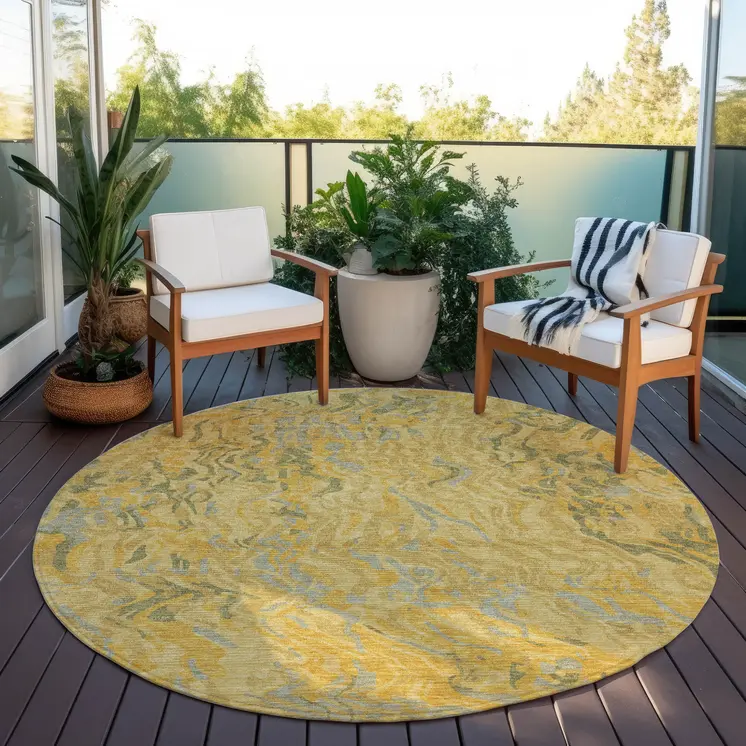 8' Gold Gray And Beige Round Abstract Washable Indoor Outdoor Area Rug
