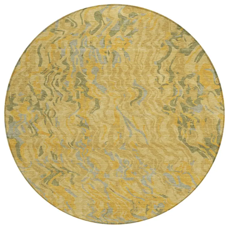 8' Gold Gray And Beige Round Abstract Washable Indoor Outdoor Area Rug