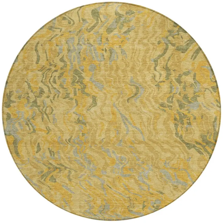 8' Gold Gray And Beige Round Abstract Washable Indoor Outdoor Area Rug