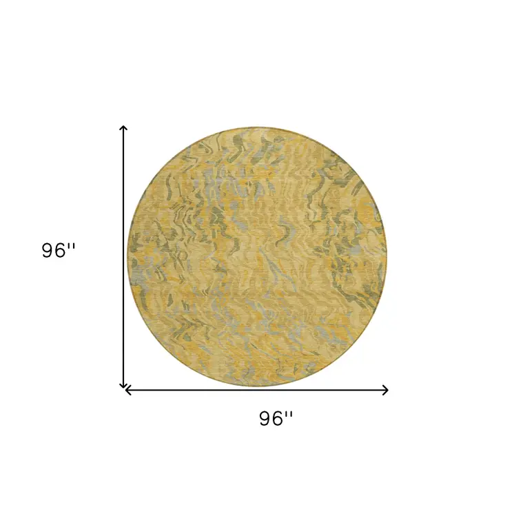 8' Gold Gray And Beige Round Abstract Washable Indoor Outdoor Area Rug