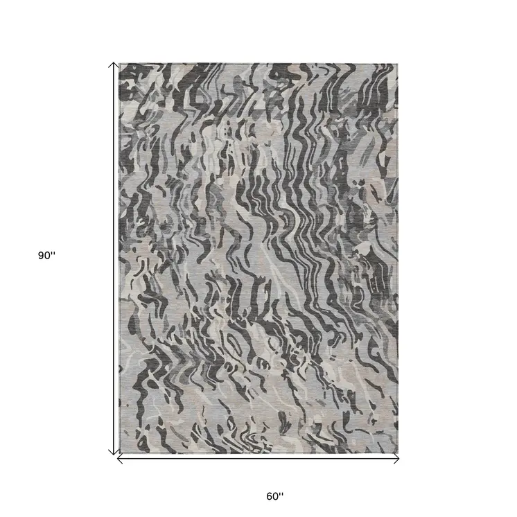 5' X 8' Gray Charcoal And Beige Abstract Washable Indoor Outdoor Area Rug