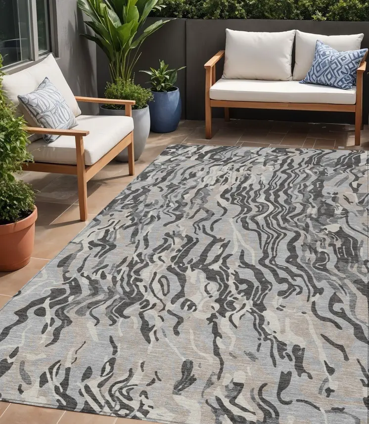 5' X 8' Gray Charcoal And Beige Abstract Washable Indoor Outdoor Area Rug