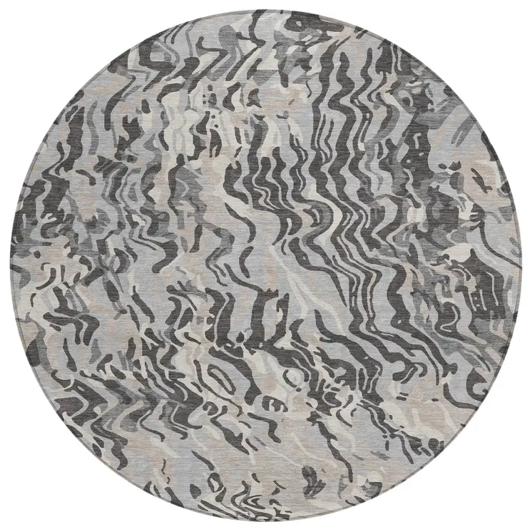 8' Gray Charcoal And Beige Round Abstract Washable Indoor Outdoor Area Rug