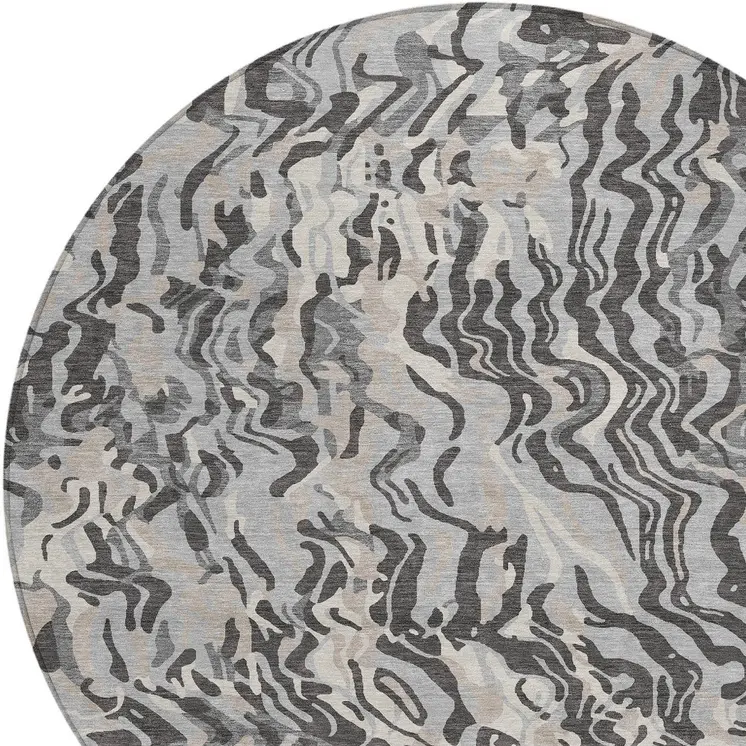 8' Gray Charcoal And Beige Round Abstract Washable Indoor Outdoor Area Rug