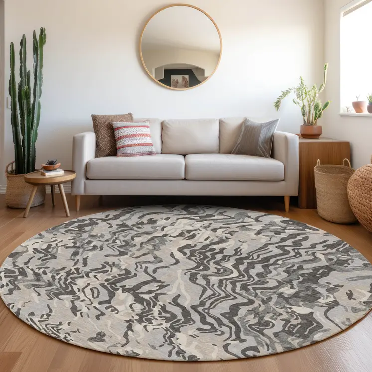 8' Gray Charcoal And Beige Round Abstract Washable Indoor Outdoor Area Rug