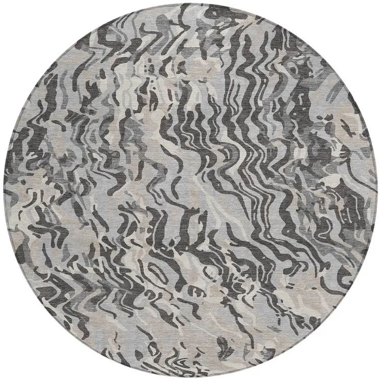 8' Gray Charcoal And Beige Round Abstract Washable Indoor Outdoor Area Rug