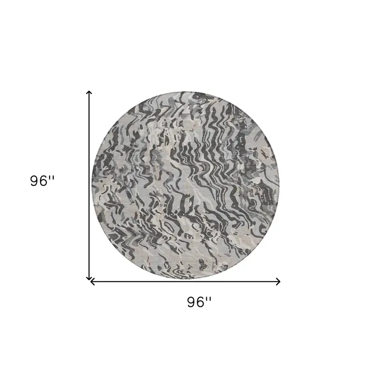 8' Gray Charcoal And Beige Round Abstract Washable Indoor Outdoor Area Rug