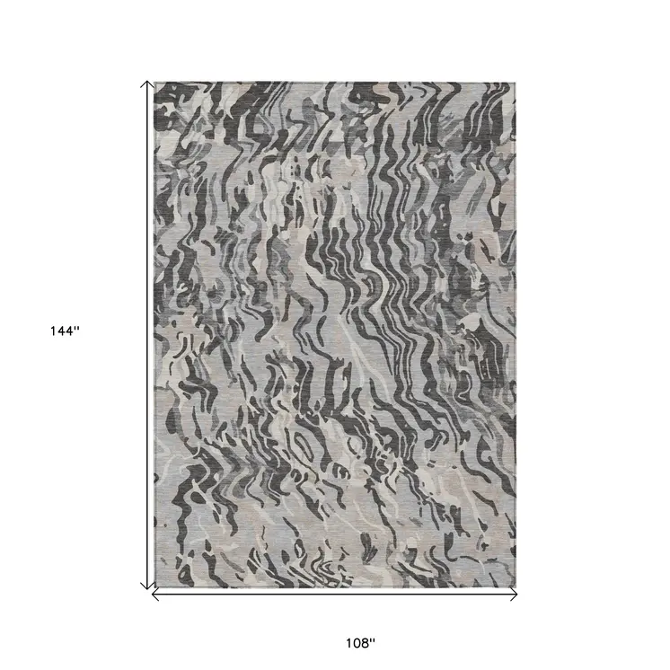 9' X 12' Gray Charcoal And Beige Abstract Washable Indoor Outdoor Area Rug