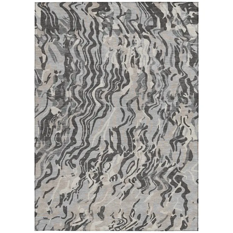 9' X 12' Gray Charcoal And Beige Abstract Washable Indoor Outdoor Area Rug