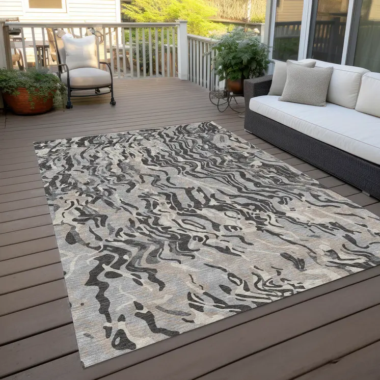 10' X 14' Gray Charcoal And Beige Abstract Washable Indoor Outdoor Area Rug