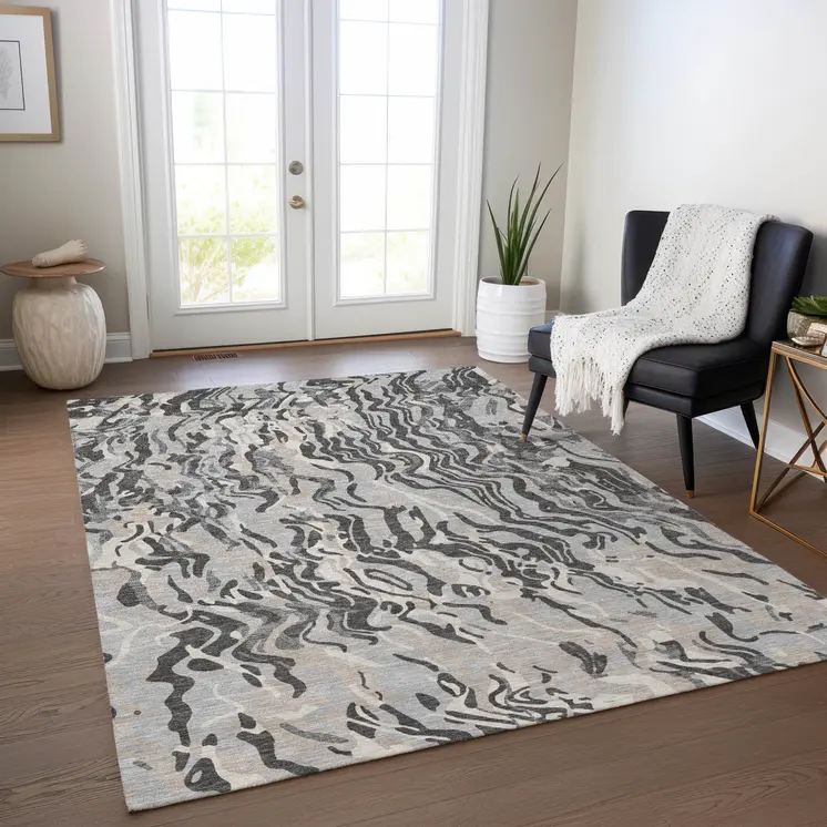 10' X 14' Gray Charcoal And Beige Abstract Washable Indoor Outdoor Area Rug