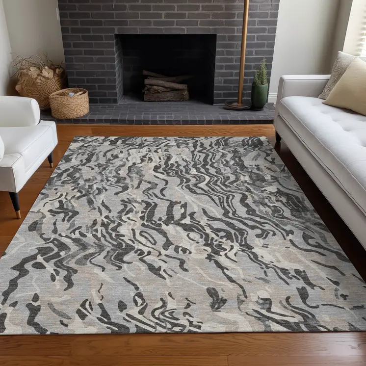 10' X 14' Gray Charcoal And Beige Abstract Washable Indoor Outdoor Area Rug