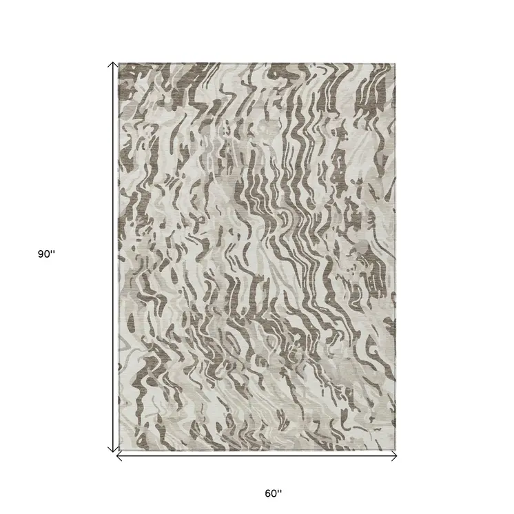 5' X 8' Gray Charcoal And Beige Abstract Washable Indoor Outdoor Area Rug