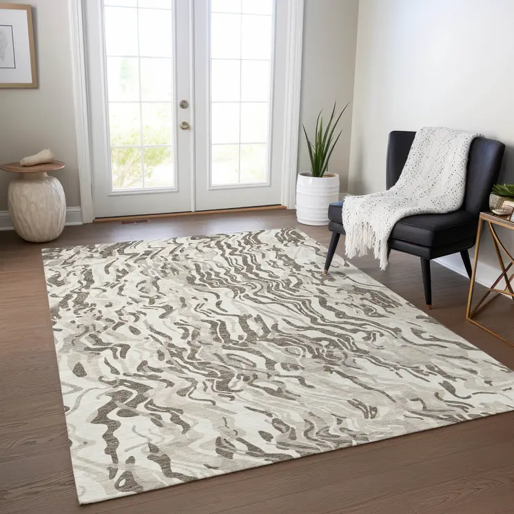 9' X 12' Gray Charcoal And Beige Abstract Washable Indoor Outdoor Area Rug