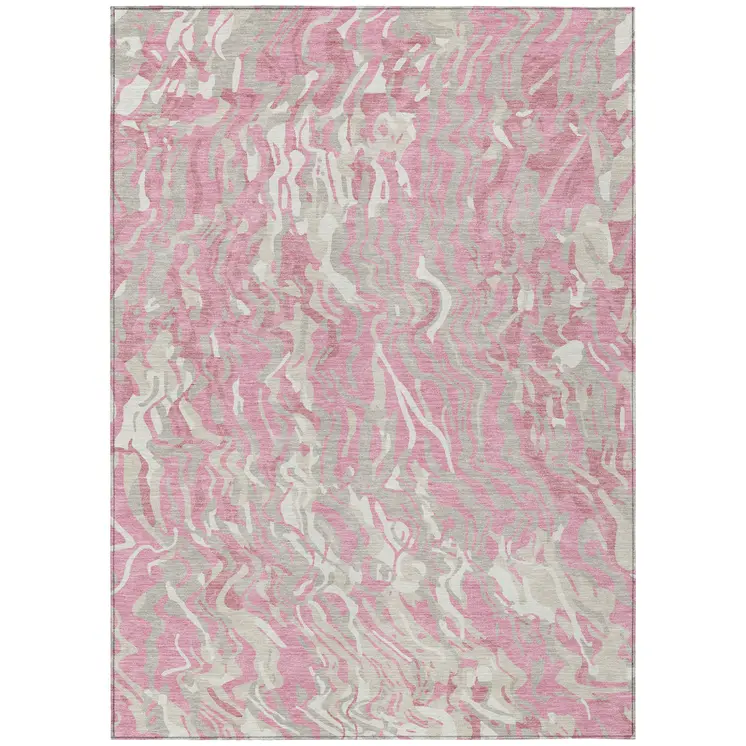 3' X 5' Pink Gray And Ivory Abstract Washable Indoor Outdoor Area Rug
