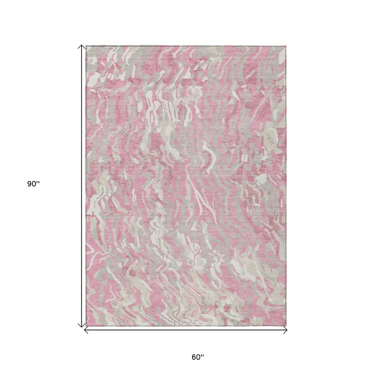 5' X 8' Pink Gray And Ivory Abstract Washable Indoor Outdoor Area Rug
