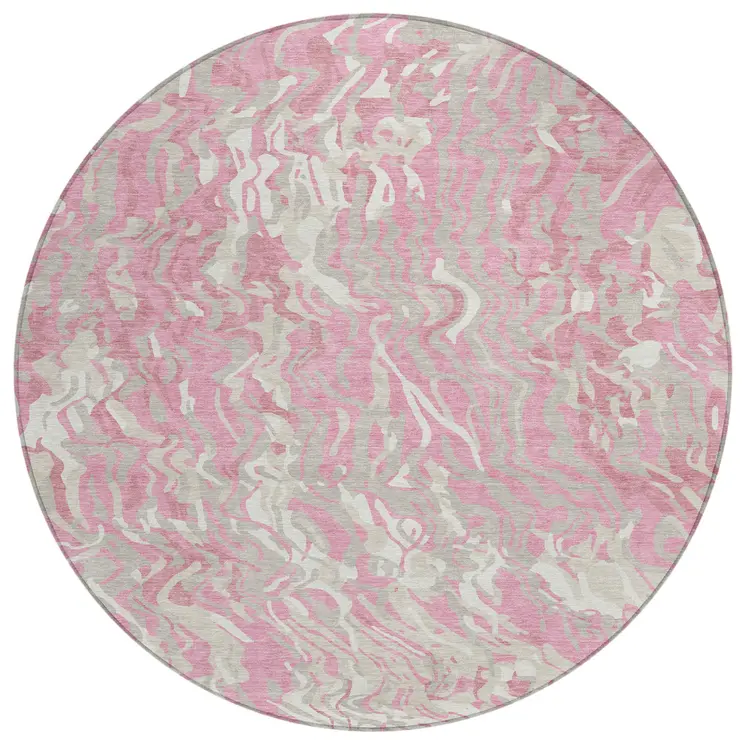 8' Pink Gray And Ivory Round Abstract Washable Indoor Outdoor Area Rug