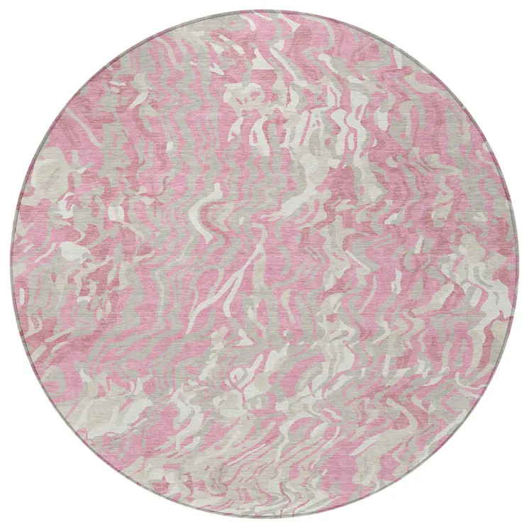 8' Pink Gray And Ivory Round Abstract Washable Indoor Outdoor Area Rug