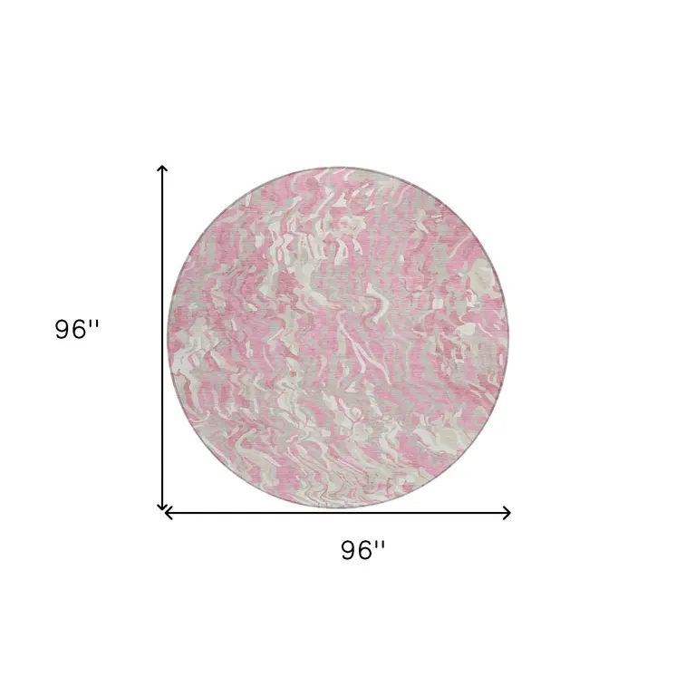8' Pink Gray And Ivory Round Abstract Washable Indoor Outdoor Area Rug