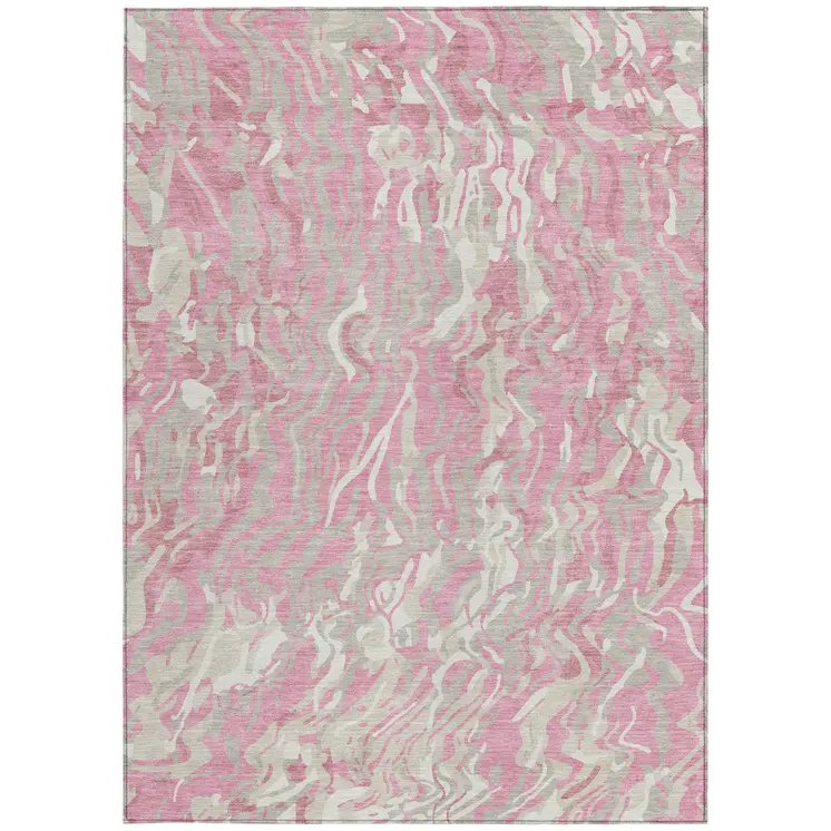 8' X 10' Pink Gray And Ivory Abstract Washable Indoor Outdoor Area Rug