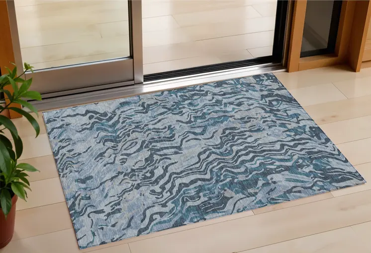 3' X 5' Sky Blue Black And Teal Blue Abstract Washable Indoor Outdoor Area Rug