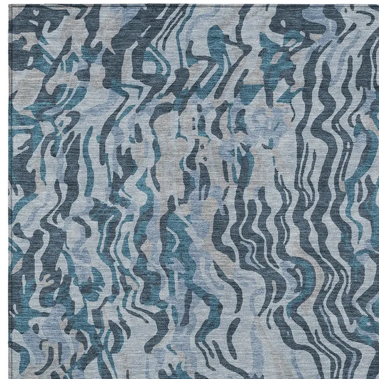 3' X 5' Sky Blue Black And Teal Blue Abstract Washable Indoor Outdoor Area Rug