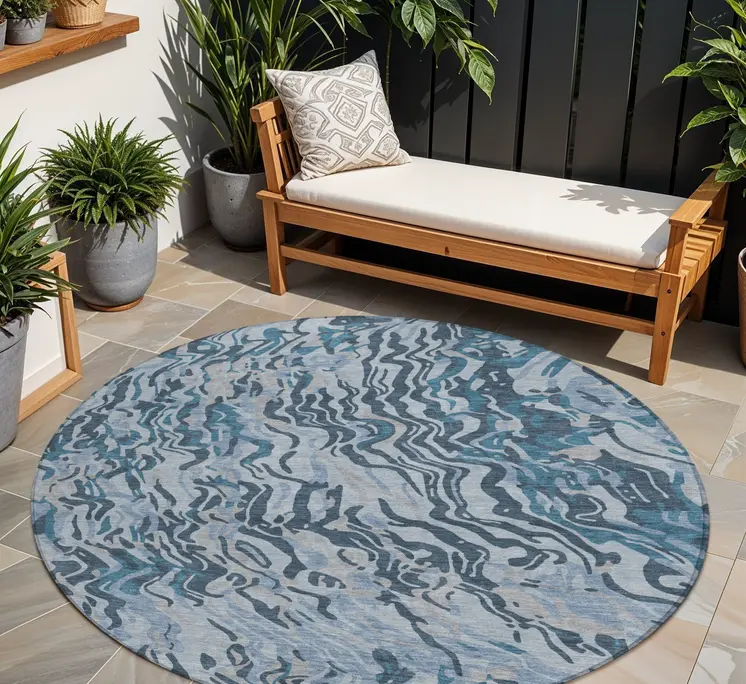 8' Sky Blue Black And Teal Blue Round Abstract Washable Indoor Outdoor Area Rug