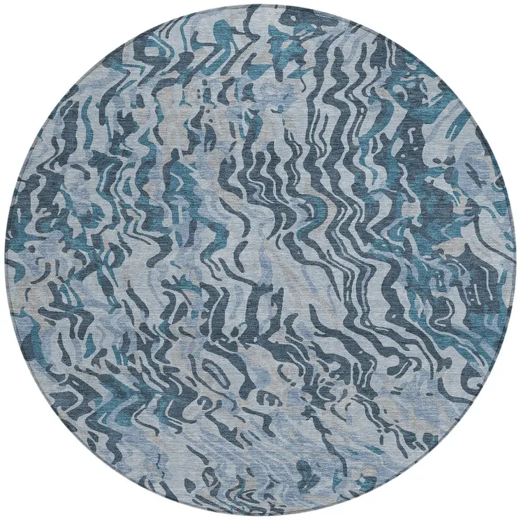 8' Sky Blue Black And Teal Blue Round Abstract Washable Indoor Outdoor Area Rug
