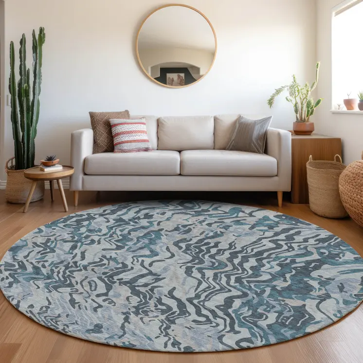 8' Sky Blue Black And Teal Blue Round Abstract Washable Indoor Outdoor Area Rug