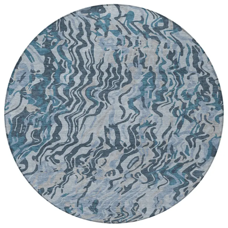 8' Sky Blue Black And Teal Blue Round Abstract Washable Indoor Outdoor Area Rug