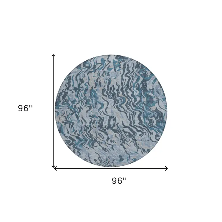 8' Sky Blue Black And Teal Blue Round Abstract Washable Indoor Outdoor Area Rug