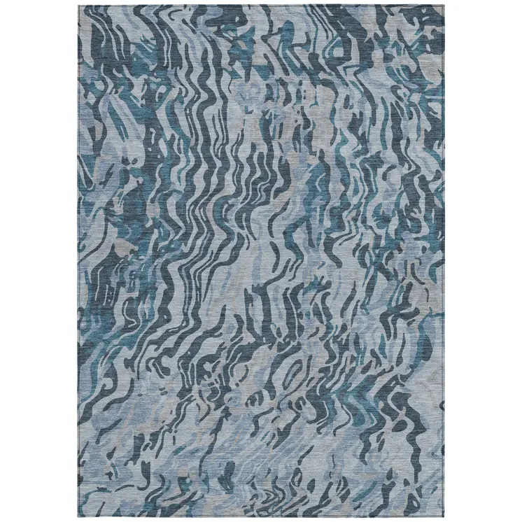 8' X 10' Sky Blue Black And Teal Blue Abstract Washable Indoor Outdoor Area Rug
