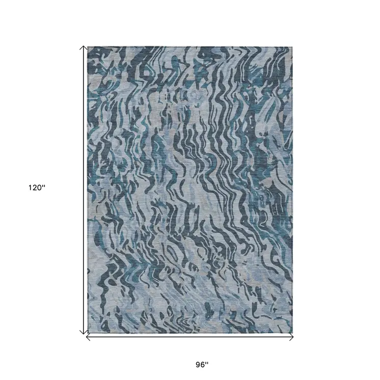 8' X 10' Sky Blue Black And Teal Blue Abstract Washable Indoor Outdoor Area Rug