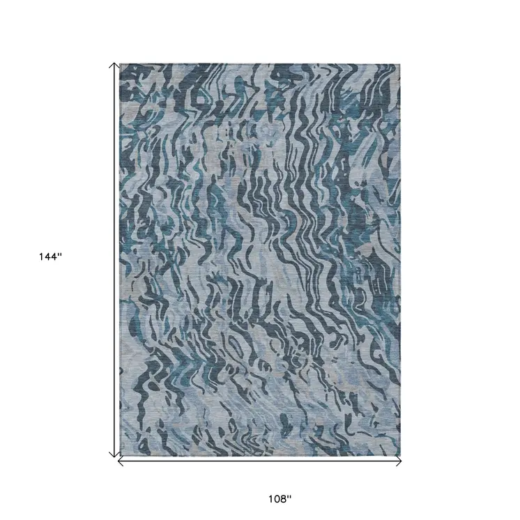 9' X 12' Sky Blue Black And Teal Blue Abstract Washable Indoor Outdoor Area Rug
