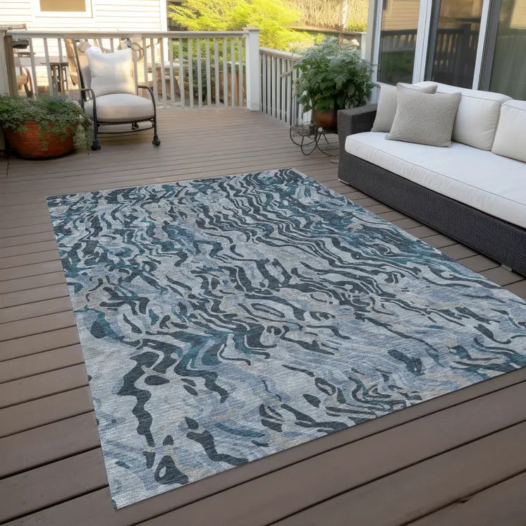 9' X 12' Sky Blue Black And Teal Blue Abstract Washable Indoor Outdoor Area Rug