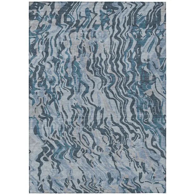 9' X 12' Sky Blue Black And Teal Blue Abstract Washable Indoor Outdoor Area Rug