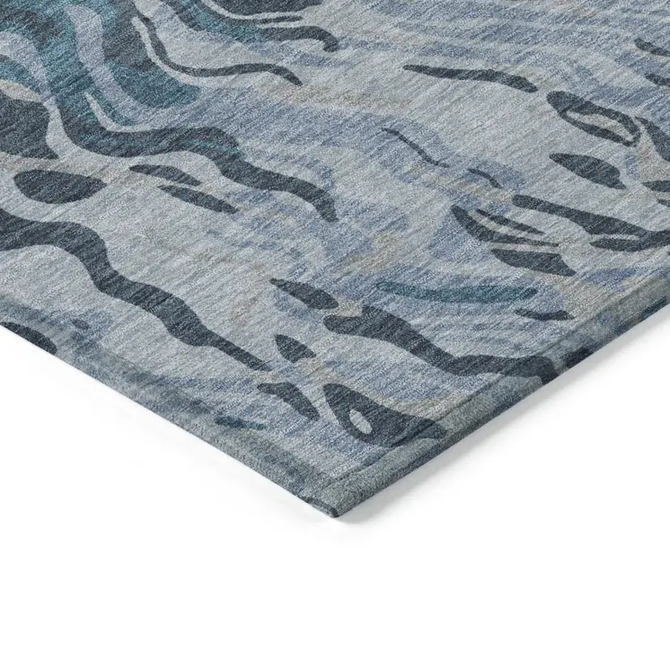 9' X 12' Sky Blue Black And Teal Blue Abstract Washable Indoor Outdoor Area Rug