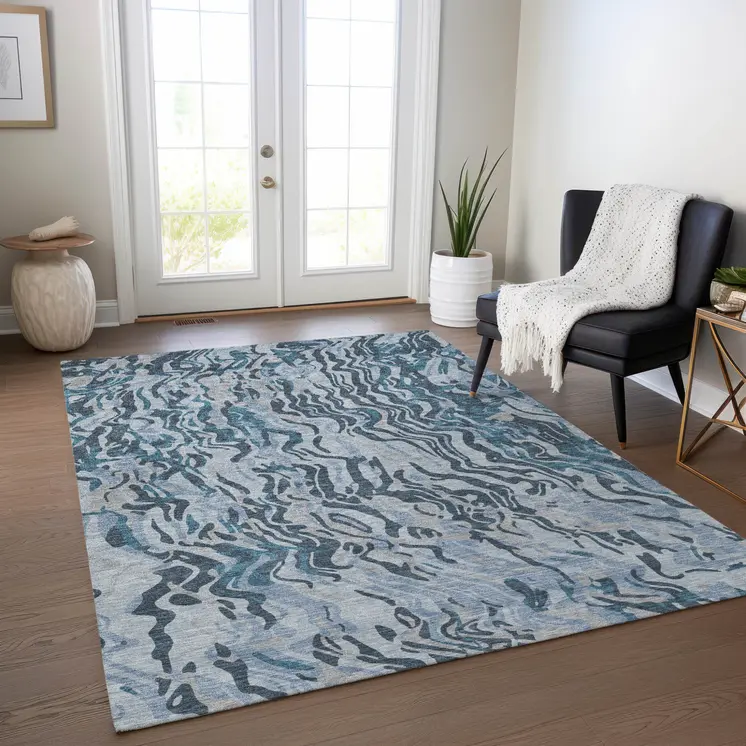 9' X 12' Sky Blue Black And Teal Blue Abstract Washable Indoor Outdoor Area Rug