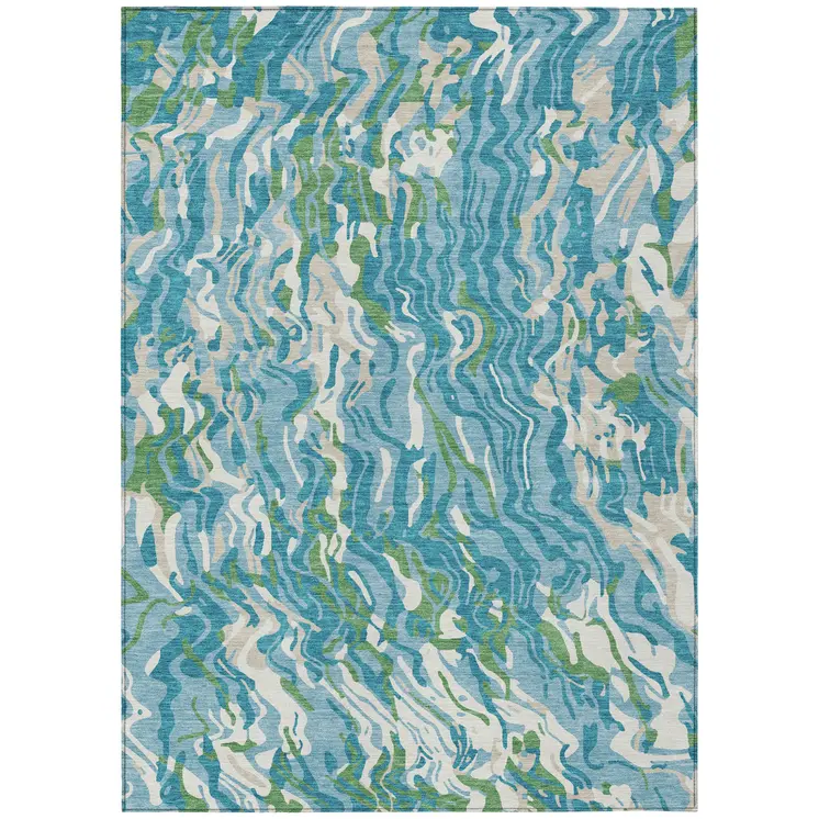 3' X 5' Teal Blue Ivory And Green Abstract Washable Indoor Outdoor Area Rug
