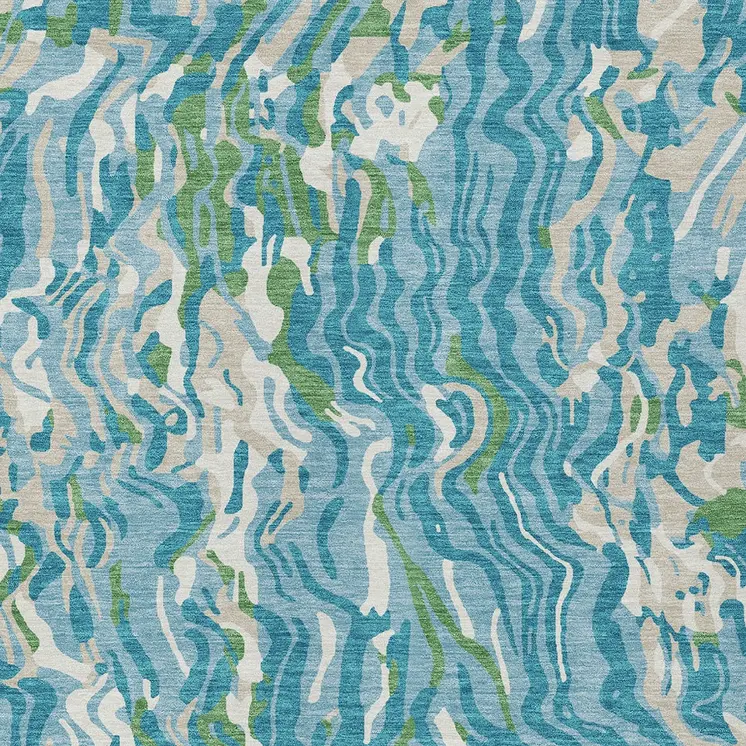 3' X 5' Teal Blue Ivory And Green Abstract Washable Indoor Outdoor Area Rug